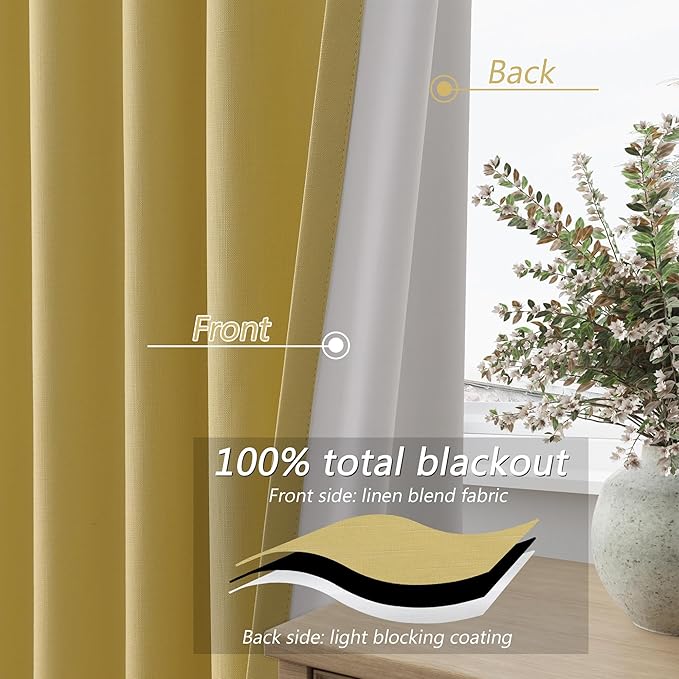 Guken Yellow 100% Blackout Linen Curtains 63 Inch Length 2 Panels Set for Living Room Bedroom Back Tab/Rod Pocket Thermal Insulated Black Out Drapes Room Darkening Farmhouse Window Curtains