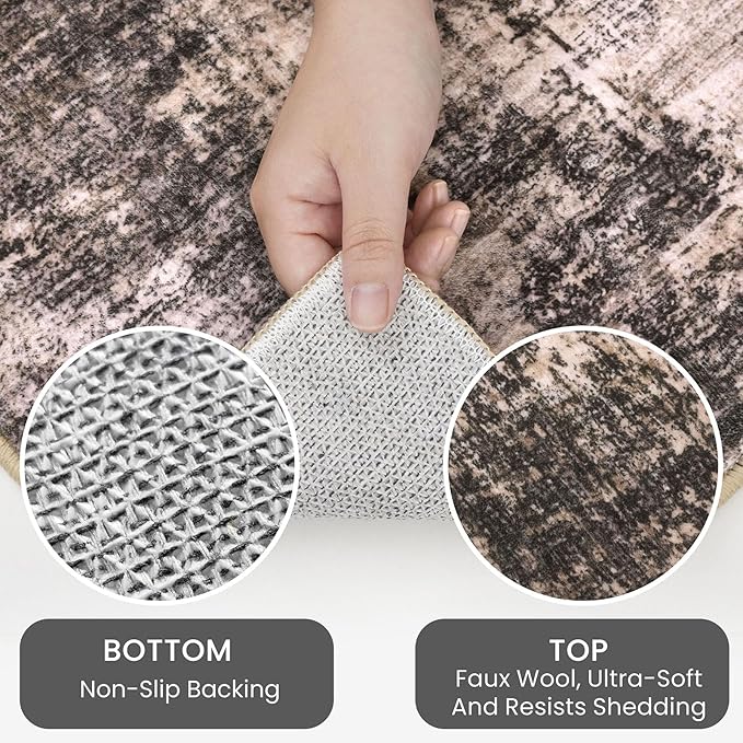 IOHOUZE Round Area Rug 5 Ft Circle Entryway Rugs Round Washable Door Mat Indoor Entrance, Non Slip Circle Front Door Rug, Printed Abstract Faux Wool Floor Carpet for Foyer Porch Sink, Brown/Rust