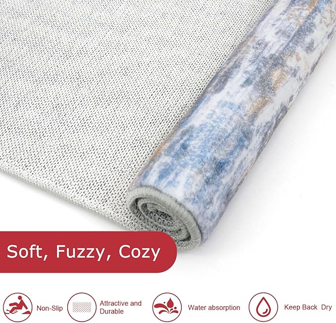 KOZYFLY Modern Abstract Runners for Hallways 2x12 Washable Rug Runner Non-Slip Soft Striped Kitchen Runner Rug, Blue Rust Print Carpet Runner for Entryway Bathroom Laundry Room Foyer