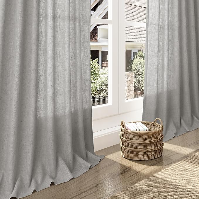 Light Gray Linen Curtains 72 Inches Long for Living Room Bedroom Light Filtering Semi Sheer Curtain Back Tab Rod Pocket Grey Simple Modern Farmhouse Decor Neutral Window Drapes 52x72, 2 Panels