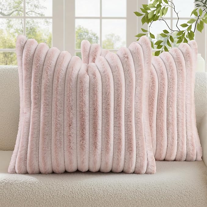 decorUhome Summer Cozy Faux Fur Throw Pillow Covers 24x24 Set of 2 Decorative Plush Striped Modern Farmhouse Boho Couch Euro Sham Pillow Cases with Velvet Back for Sofa Bed Living Room, Pink White