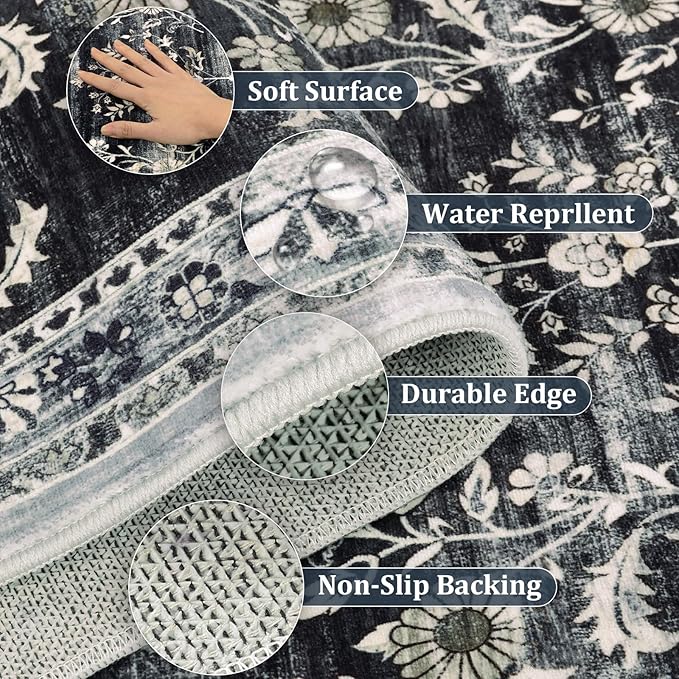 Yamaziot Washable Runner Rug 2x8 – Non Slip Boho Floral Hallway Runner Rug with Rubber Backing, Low Pile Faux Wool Distressed Carpet for Kitchen, Laundry, Bedroom, Entrance, Navy/Black
