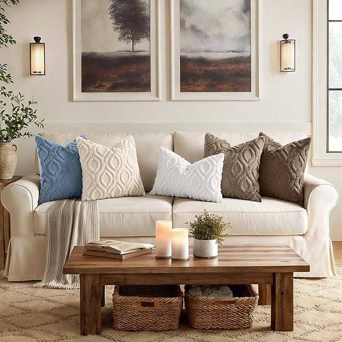 decorUhome Throw Pillow Covers 20x20 Inch Set of 2, Soft Plush Faux Wool Blue Solid Couch Pillow Covers, Accent Farmhouse Neutral Square Pillow Cases for Sofa Bed Living Room