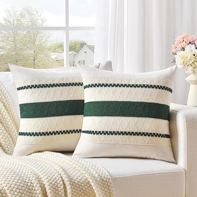 Fancy Homi Set of 1 Dark Green Boho Decorative Throw Pillow Covers 20x20 Inch for Couch Bed Sofa Bedroom Indoors, Modern Farmhouse Vintage Forest Green Living Room Decor