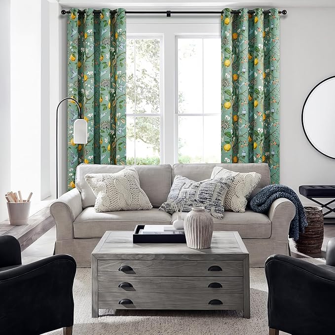 Topfinel 48 Inches Long Short Sage Green Blackout Curtains for Cafe Kitchen, Grommet Room Darkening Luxury Floral Lemon Hummingbird Patterned Waverly Colorful Drapes for Living Room Bedroom