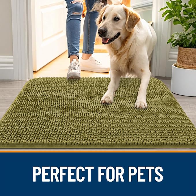 OLANLY Dog Door Mat for Muddy Paws 40x24, Absorbs Moisture and Dirt, Absorbent Non-Slip Washable Doormat, Quick Dry Chenille Mud Mat, Entry Indoor Entryway Carpet for Inside Floor, Willow Green