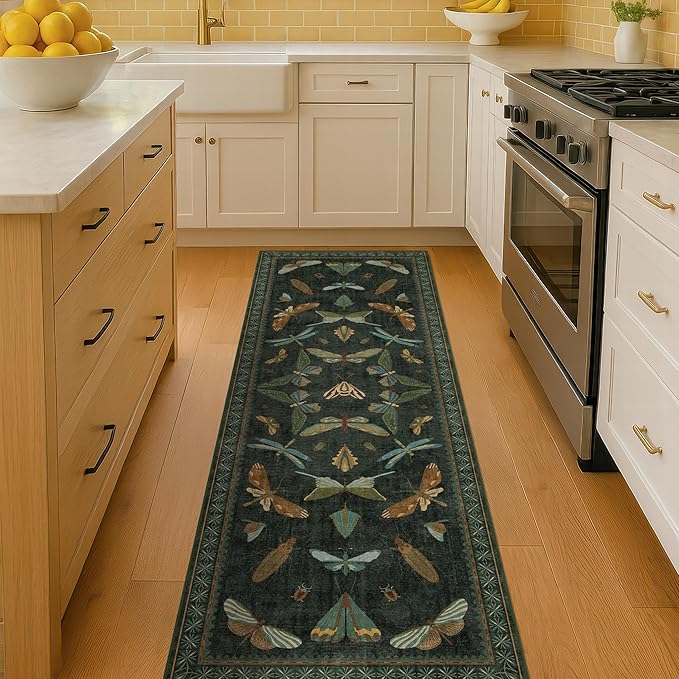 Hazo Haus Dark Green Insect 2x5 Bathroom Runner Rug - Washable Non Slip Runners for Kitchen, Laundry Room, Front Door Mat Entrance, Nature Floral Indoor Floor Décor, Thin Low Pile with Rubber Backed