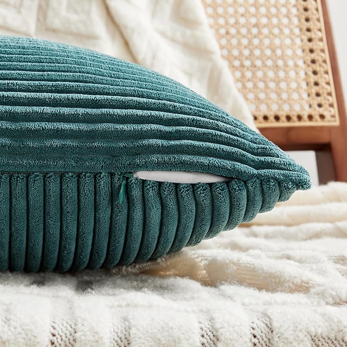 Fancy Homi 2 Packs Teal Lumbar Decorative Throw Pillow Covers 14x24 Inch for Living Room Couch Bed Sofa, Rustic Farmhouse Boho Home Decor, Soft Striped Corduroy Rectangle Accent Cushion Case 35x60 cm