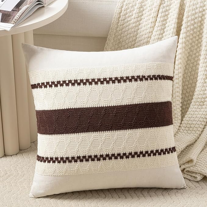 Fancy Homi Set of 1 Boho Brown Decorative Throw Pillow Cover 22x22 Inch for Couch Bed Sofa, Aesthetic Modern Organic Farmhouse Home Decor, Soft Cotton Cute Accent Macrame Woven Cushion Case