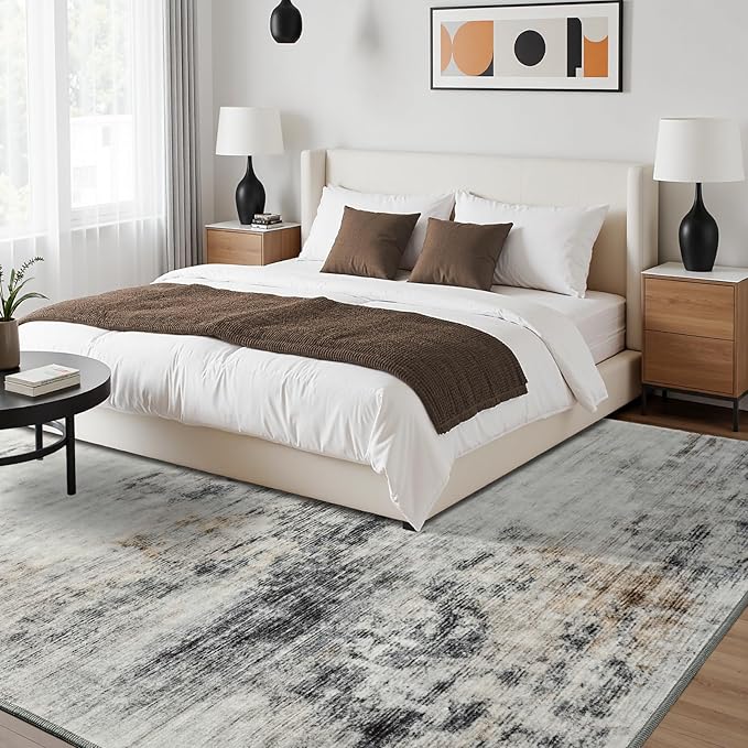Toneed Abstract Area Rug 8x10 Modern Washable Rug Soft Non Slip Rug Low Pile for Bedroom Living Room Dining Room Grey/Brown