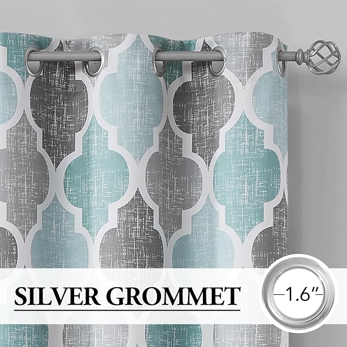 Beauoop 100% Blackout Curtains 63 Inches Long 2 Panels for Bedroom Living Room Aqua Grey Moroccan Geo Room Darkening Thermal Insulated Soundproof Grommet Top Window Treatments Drapes, 50x63 Set of 2
