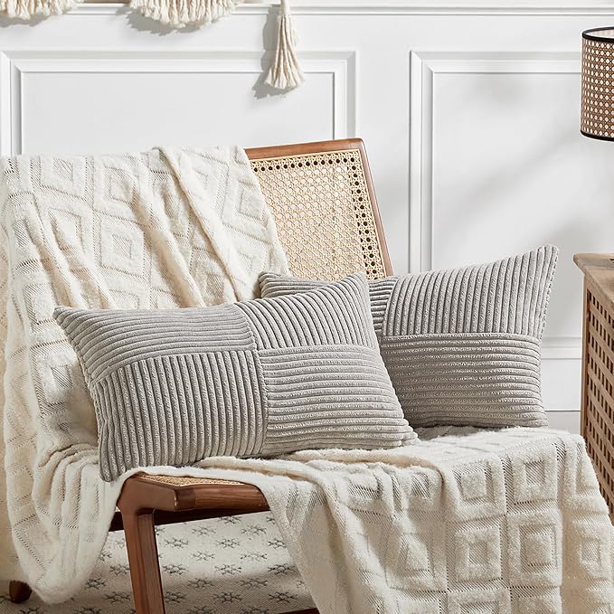 Fancy Homi 2 Packs Neutral Grey Lumbar Decorative Throw Pillow Covers 20x28 Inch for Living Room Couch Bed Sofa, Farmhouse Home Decor, Soft Striped Corduroy Rectangle Accent Cushion Case 50x70 cm