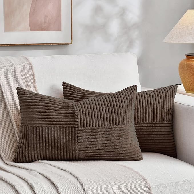 Fancy Homi 2 Packs Dark Brown Lumbar Decorative Throw Pillow Covers 16x32 Inch for Living Room Couch Bed, Rustic Farmhouse Boho Home Decor, Soft Striped Corduroy Rectangle Accent Cushion Case 40x80 cm