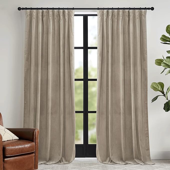 RYB HOME Camel Beige Velvet Curtains with Hook Tape, Extra Wide Thermal Insulated Privacy Protect Decorative Drapes for Living Room, W 62 x L 96 inches, 2 Panels Set