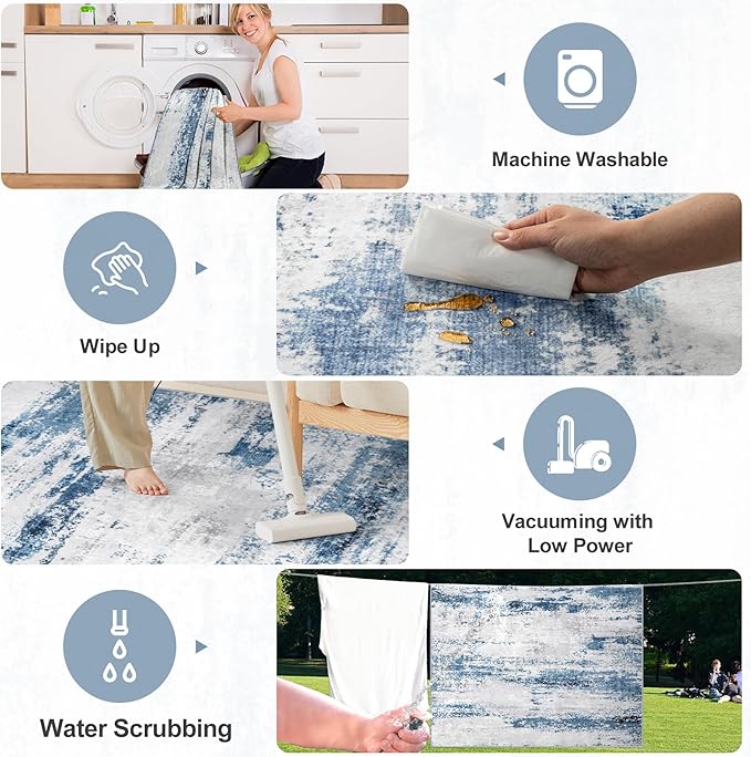 8x10 Area Rugs for Living Room - Washable Rug Modern Abstract Soft Large Neutral Non-Slip Carpet Indoor Floor Thin Carpets for Bedroom Dining Room Farmhouse Nursery Home Office White Blue Grey