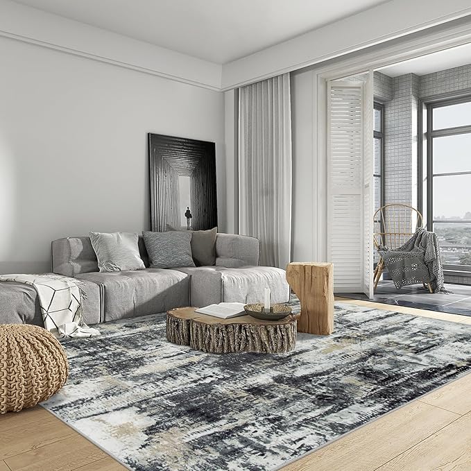 8x10 Area Rugs Washable Rug: Large Modern Abstract Living Room Rug Soft Anti-Skid Thin Carpet Indoor Floor Non-Shedding Carpets for Bedroom Dining Farmhouse Nursery Home Office Black Grey Gold