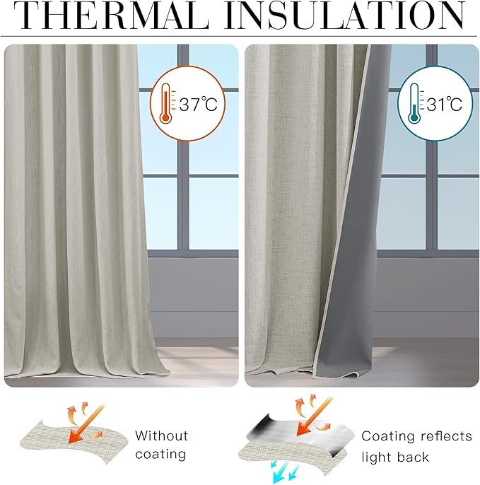 RYB HOME Cream Linen 100% Blackout Curtains for Bedroom 52 Width 120 Long, Thich Elegant Extra Long Drapes for Modern/Vintage/Farmhouse Home Decor, Thermal Insulated Window Treatment, 2 Panels
