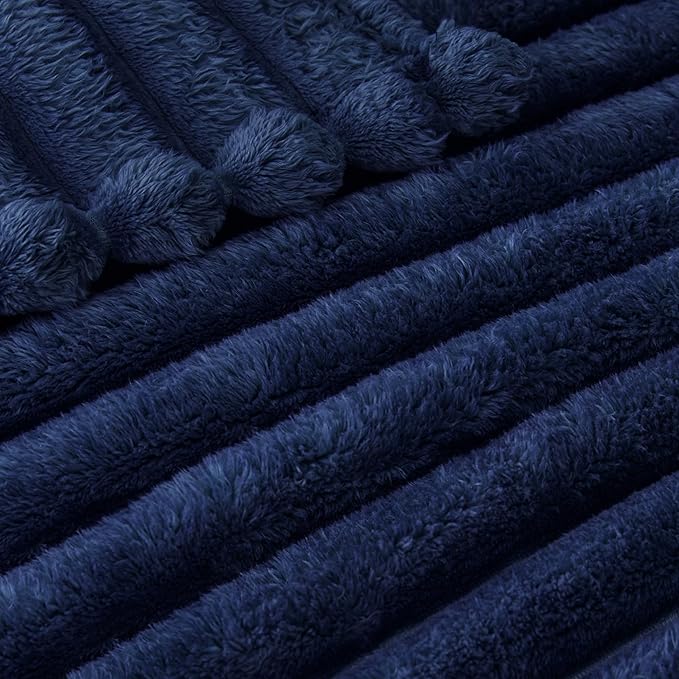 Exclusivo Mezcla Twin Size Flannel Fleece Blanket, Super Soft Striped Jacquard Bed Blanket, Lightweight Fuzzy Cozy for All Seasons, 60x80 Inches, Navy Blue