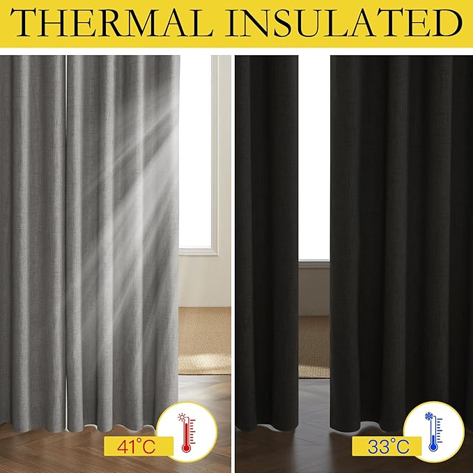 NICETOWN Grizzle Gray Vintage Linen 100% Blackout Curtains for Playroom, Thermal Insulated Curtains 72" Long, Noise Reducing Window Treatment Drapes for Laundry Room, 62" Wide Per Panel, Set of 2