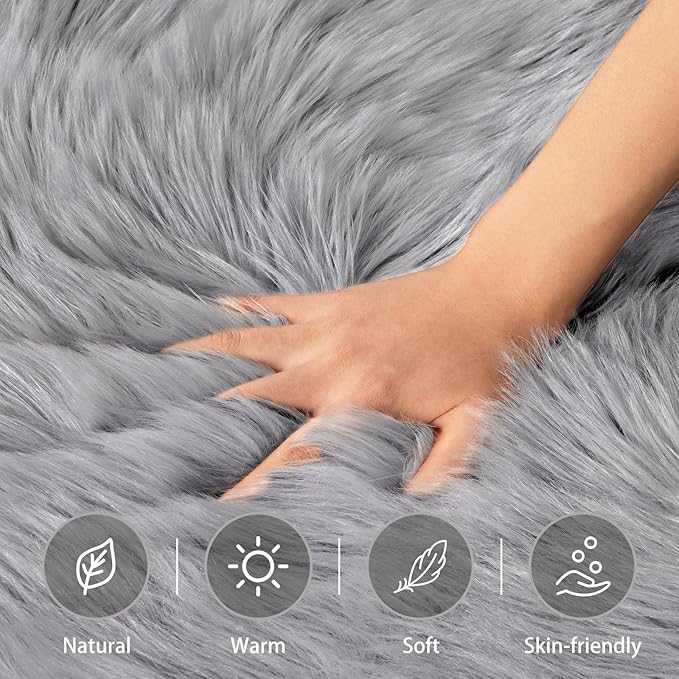 Ciicool Faux Fur Rug Grey Fluffy Area Rugs for Bedroom, Thick Fuzzy Shag Rug Furry Bedside Nursery Rug for Living Room Plush Indoor Floor Carpet for Kids Room Teen Dorm, 3x5 ft