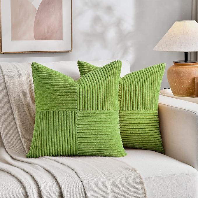 Fancy Homi Set of 2 Lime Green Decorative Throw Pillow Covers 18x18 Inch with for Couch Bed Sofa Living Room, Soft Cross Patchwork Striped Corduroy Modern Square Cushion Case 45x45 cm