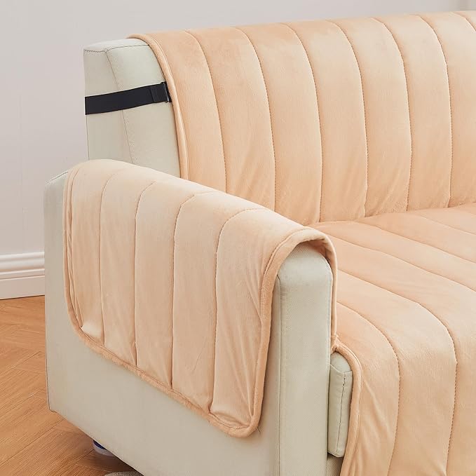 Great Bay Home Velvet Chair Cover - Washable Slipcover Furniture Protector with Elastic Straps - Furniture Cover for Dogs, Kids, and Pets - Stitched Detail (Peach)