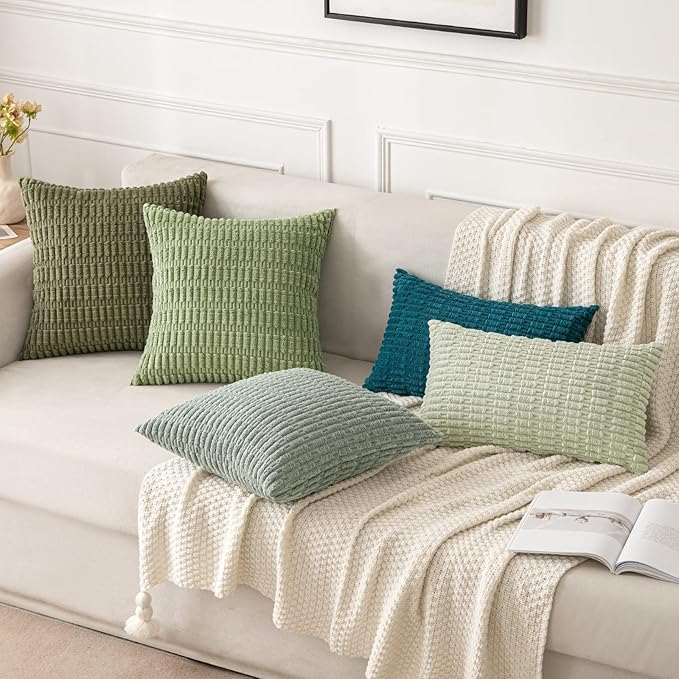 MIULEE Pack of 2 Spring Corduroy Decorative Lumbar Throw Pillow Covers 20x12 Inch Soft Boho Striped Pillow Covers Modern Farmhouse Home Decor for Summer Sofa Living Room Couch Bed Olive Green