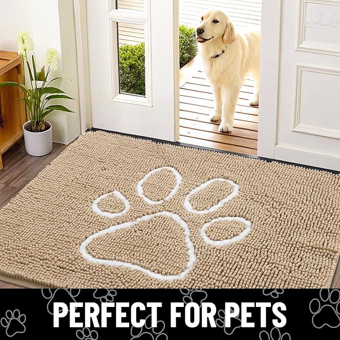 Smiry Dog Door Mat for Muddy Paws, Absorbent Dirt Trapper Non Slip Quick Dry Washable Chenille Mat for Mud Dogs, Entry Rug for Indoor and Outdoor (70x35 Inches, Beige and White)