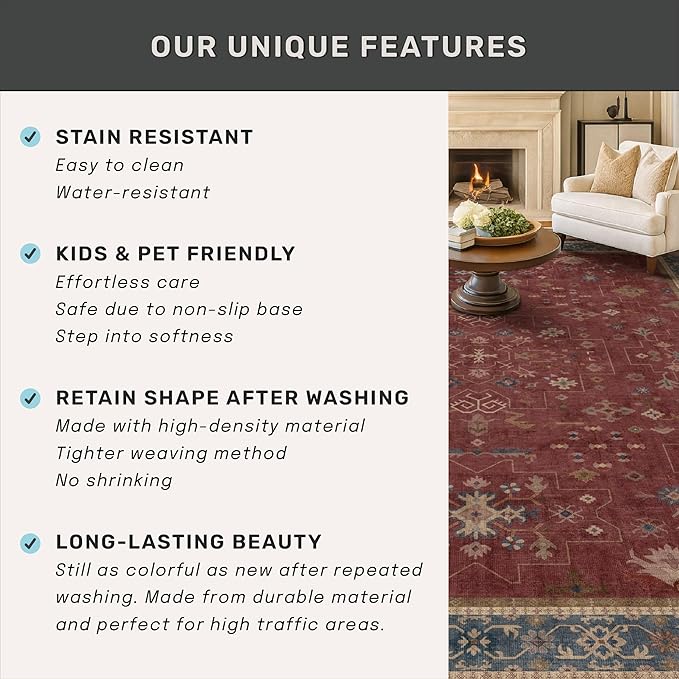 Hazo Haus Oriental 7x10 Large Area Rugs for Bedroom Under Bed - Burgundy Rug for Living Room, Dining Room Under Kitchen Table, Washable Soft Non Slip Boho Indoor Décor