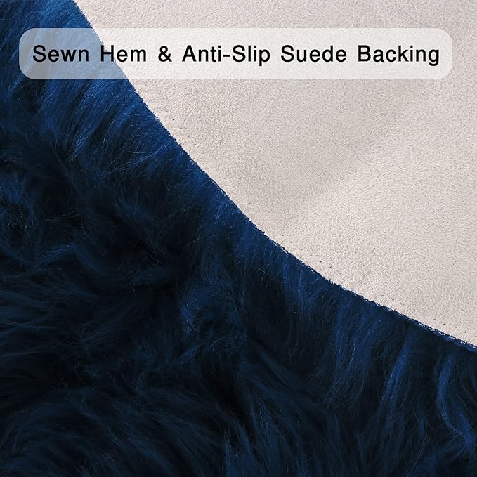 duduta Navy Blue Faux Sheepskin Round Rug 4x4 ft, Fluffy Shag Fur Bedroom Nursery Kids Playroom Rug Dorm Decor Non Slip Washable