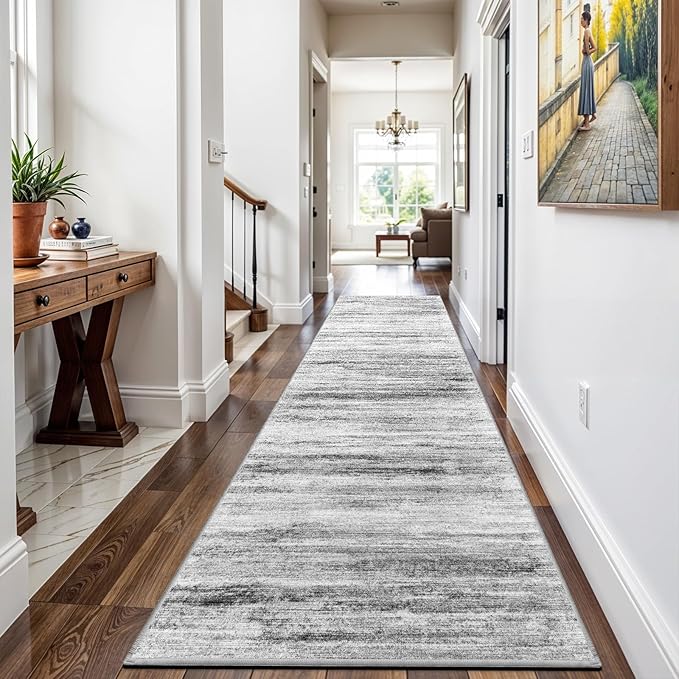 3x16 Washable Hallway Runner Rug: Extra Long Runners for Entryway Living Room Dining Room - Stain and Water Resistant Rugs with Non-Slip Backing - Soft Low-Pile Carpet 16ft Grey