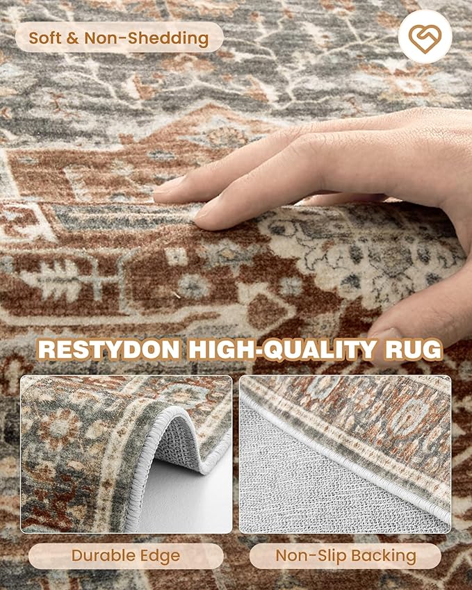 Runner Rug 2x10, Ultra-Thin Kitchen Rugs Non Slip Washable Rugs for Entryway Rug, Kitchen Runner Low Pile Vintage Soft Carpets for Living Room, Bathroom Bedroom (Grey/Brown/Tan,2'x10')