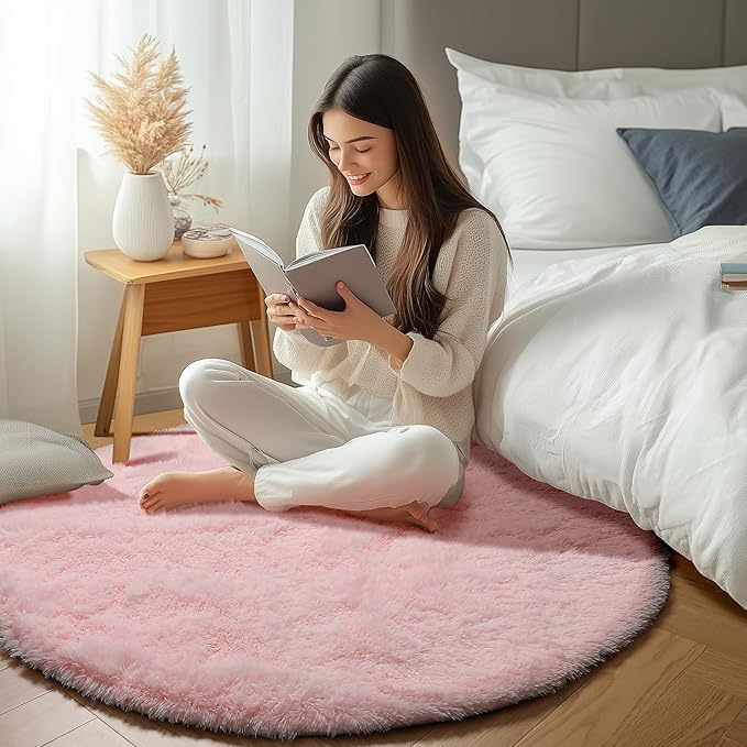 ONASAR Light Pink Round Area Rugs 3ft for Bedroom Living Room, Fluffy Cat Dog Bed Mat, Circle Rug for Kids Girls Boys Teen, Soft Plush Shaggy Carpet for Nursery Dorm Home Decor Aesthetic