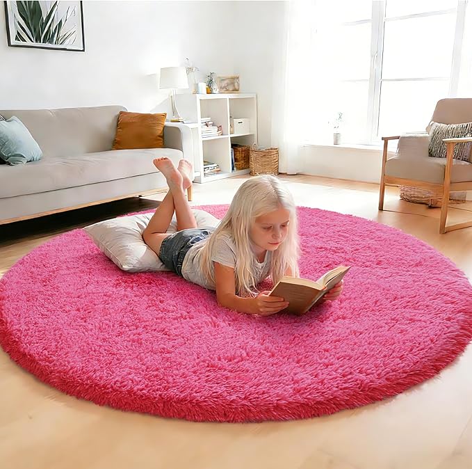yulidayang Fluffy Round Area Rugs for Living Room,Hot Pink 6'X6'Shag Circle Area Rugs for Bedroom,Non Slip Fuzzy Plush Rug for Kids Room Boys Girls Room and Dorm
