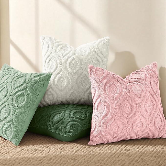 decorUhome Throw Pillow Covers 16x16 Inch Set of 2, Soft Plush Faux Wool Sage Green Solid Couch Pillow Covers, Accent Farmhouse Neutral Square Pillow Cases for Sofa Bed Living Room