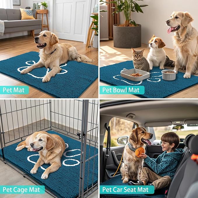 Smiry Dog Door Mat for Muddy Paws, Absorbent Dirt Trapper Non Slip Quick Dry Washable Chenille Mat for Mud Dogs, Entry Rug for Indoor and Outdoor (30x20 Inches, Atlantic Blue and White)