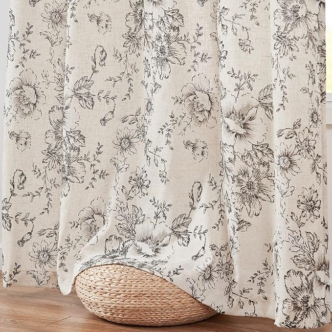 jinchan Linen Floral Curtains 63 Inch Length for Living Room Bedroom Light Filtering Farmhouse Peony Flower Drapes Rustic Window Curtain Set Rod Pocket Back Tab 2 Panels Black