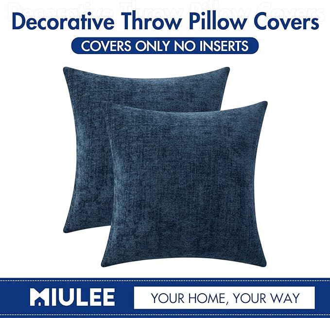 MIULEE Pack of 2 Blue Throw Pillow Covers 16x16 Inch Soft Chenille Pillow Covers for Sofa Living Room Couch Solid Dyed Cases