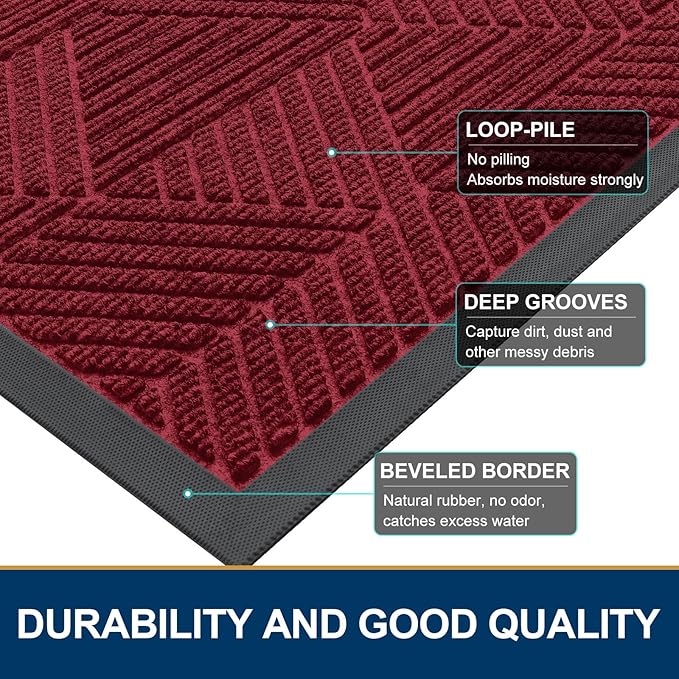 Smiry Front Door Mat Outside Entrance, Heavy Duty Sturdy Natural Rubber Doormat, Trap Dirt and Moisture, Easy Clean Low Profile Welcome Floor Mats for Indoor Outdoor Entry, 35X23 Inch, Wine Red