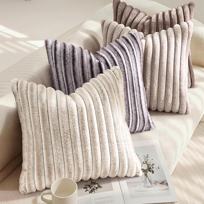 decorUhome Cozy Faux Fur Throw Pillow Covers 24x24 Set of 2 Decorative Soft Plush Striped Modern Farmhouse Boho Couch Euro Sham Pillow Cases with Velvet Back for Sofa Bed Living Room, Brown White
