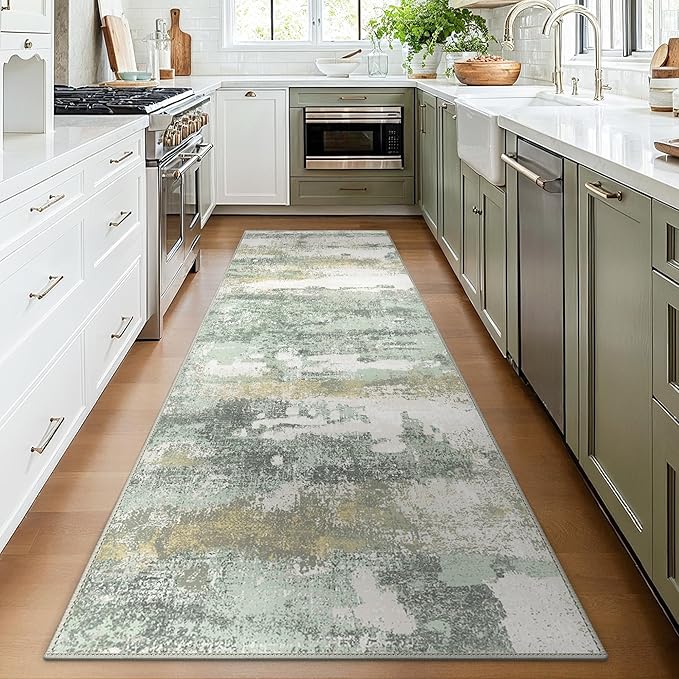 BEIMO Runner Rug for Hallway Kitchen, 2x7 Machine Washable Runners Rug for Entryway, Light Green Soft Modern Abstract Throw Rugs, Low Pile Floor Carpet with Non Slip Backing