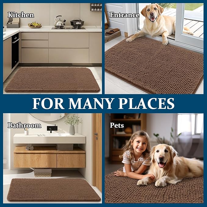 OLANLY Dog Door Mat for Muddy Paws 70x46, Absorbs Moisture and Dirt, Absorbent Non-Slip Washable Doormat, Quick Dry Chenille Mud Mat for Dogs, Entry Indoor Entryway Carpet for Inside Floor, Mocha