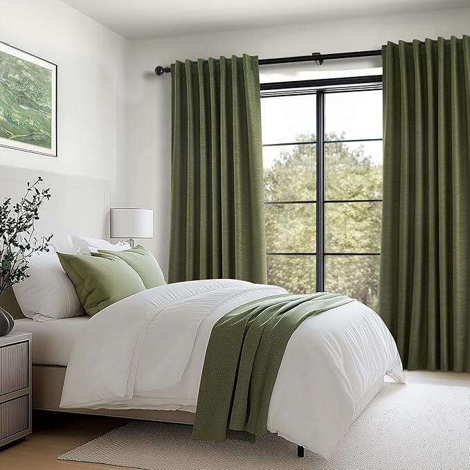 Topfinel 100 Inch Long Black Out Custom Curtains, Olive Green Pleated Window Coverings, Nursery Winter Boho Farmhouse Heat Sound Block Back Tab Curtains for Sliding Door Bay Window