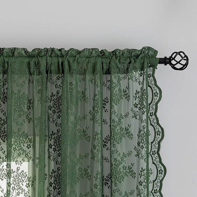 YJ YANJUN Vintage Lace Curtains 108 Inches Long- Victorian Floral Pattern Dark Olive Green Sheer Curtain Panels for High Ceiling Living Room Aesthetic Neutral Decor 52Wx108L Moss Green