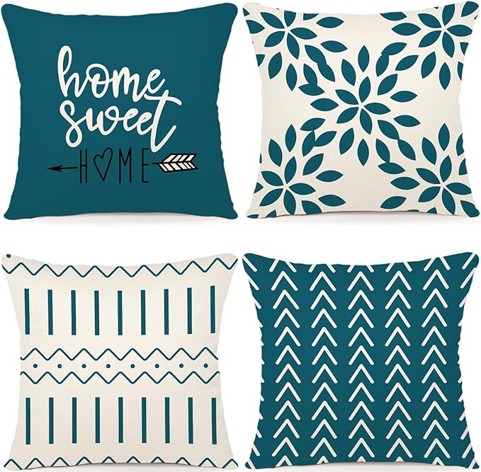 YCOLL Pillow Covers 16x16 Set of 4, Modern Sofa Throw Pillow Cover, Decorative Outdoor Linen Fabric Pillow Case for Couch Bed Car,Teal