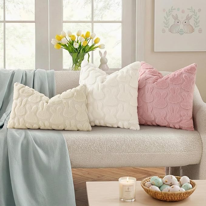 decorUhome Easter Bunny Pillow Covers 12x20 Inch Set of 2, Soft Plush Faux Wool Jacquard Beige Rabbit Cushion Covers, Farmhouse Neutral Spring Easter Holiday Decor for Couch Sofa Bed