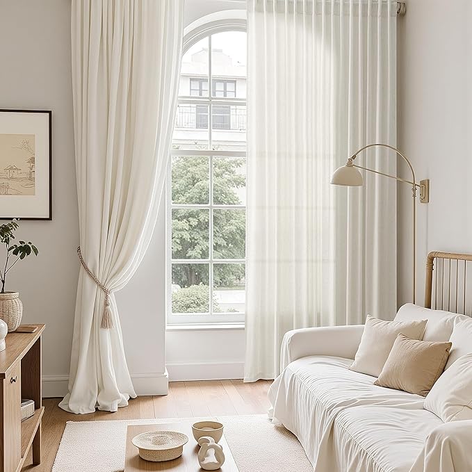 Nanspring Natural Linen Curtains for Living Room 95 Inches Long Rustic Farmhouse Decor Light Filtering Semi Sheer Curtain Back Tab and Rod Pocket Luxury Drapes for Bedroom Office 52x95, 2 Panels