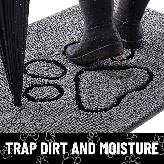 Smiry Dog Door Mat for Muddy Paws, Absorbent Dirt Trapper Non Slip Quick Dry Washable Chenille Mat for Mud Dogs, Entry Rug for Indoor and Outdoor (48x30 Inches, Dark Grey and Black)