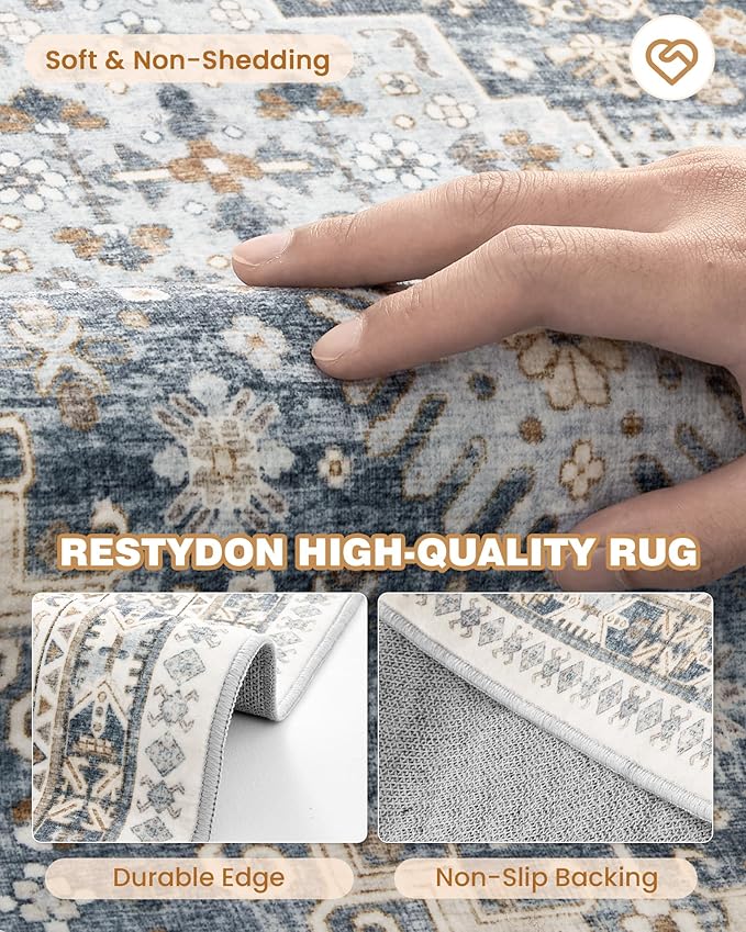 Entryway Rug - 2x3 Washable Rug Runner for Bathroom, Laundry Room, Kitchen, Soft Vintage Hallway Runner for Bedroom, Non-Slip Door Mat Indoor Entrance(Blue/Beige,2'x3')