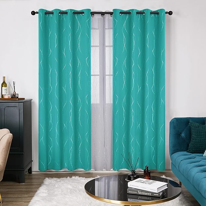 Deconovo Blackout Curtains for Sliding Door, Thermal Insulated Soundproof Drapes with Wave Dots Foil Print, 52 x 108 Inch, Set of 2, Machine Washable Window Curtain for Bedroom Living Room, Turquoise